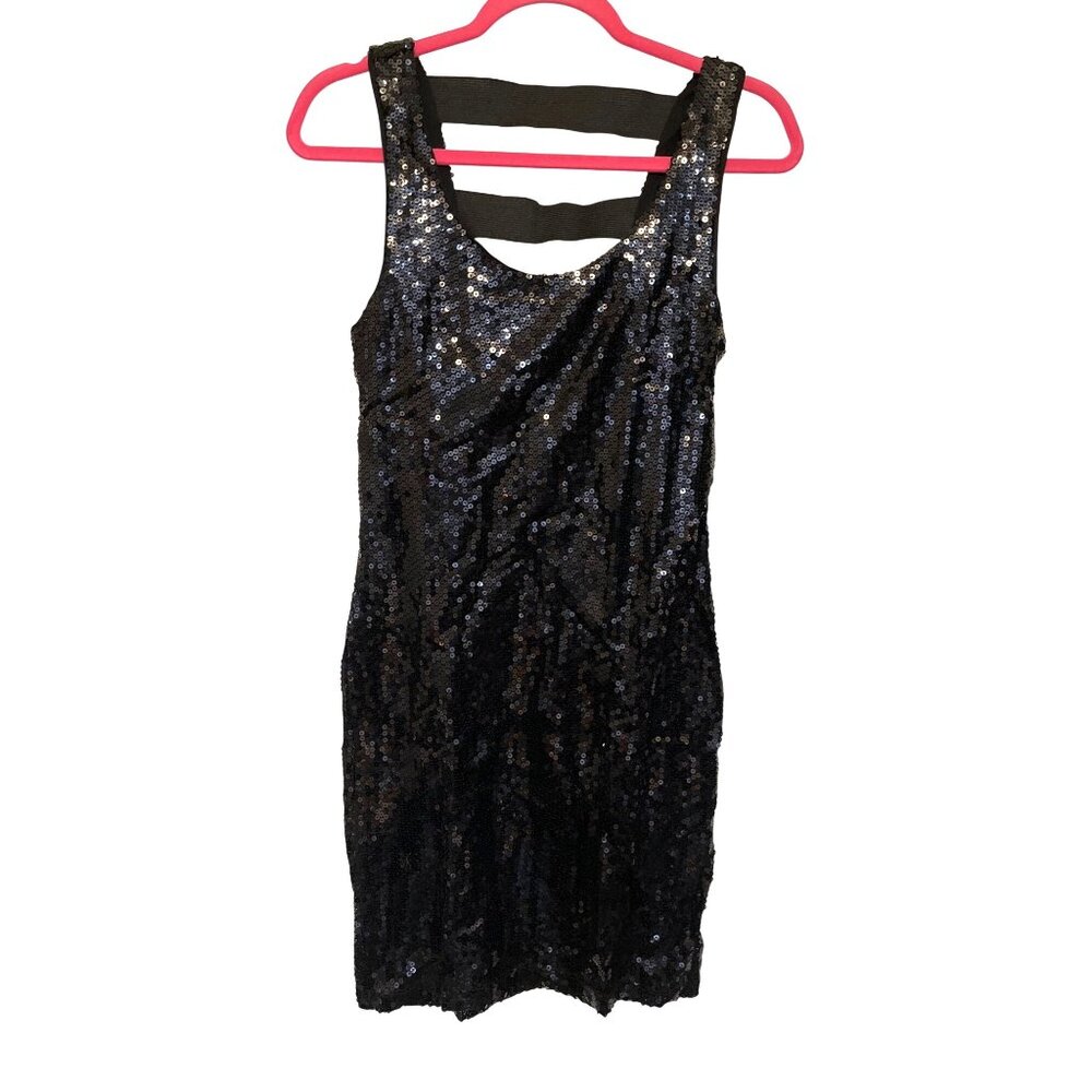 Monteau Black Sequin Midi Dress With Strappy Open Back Size L Lined Stretch Fit